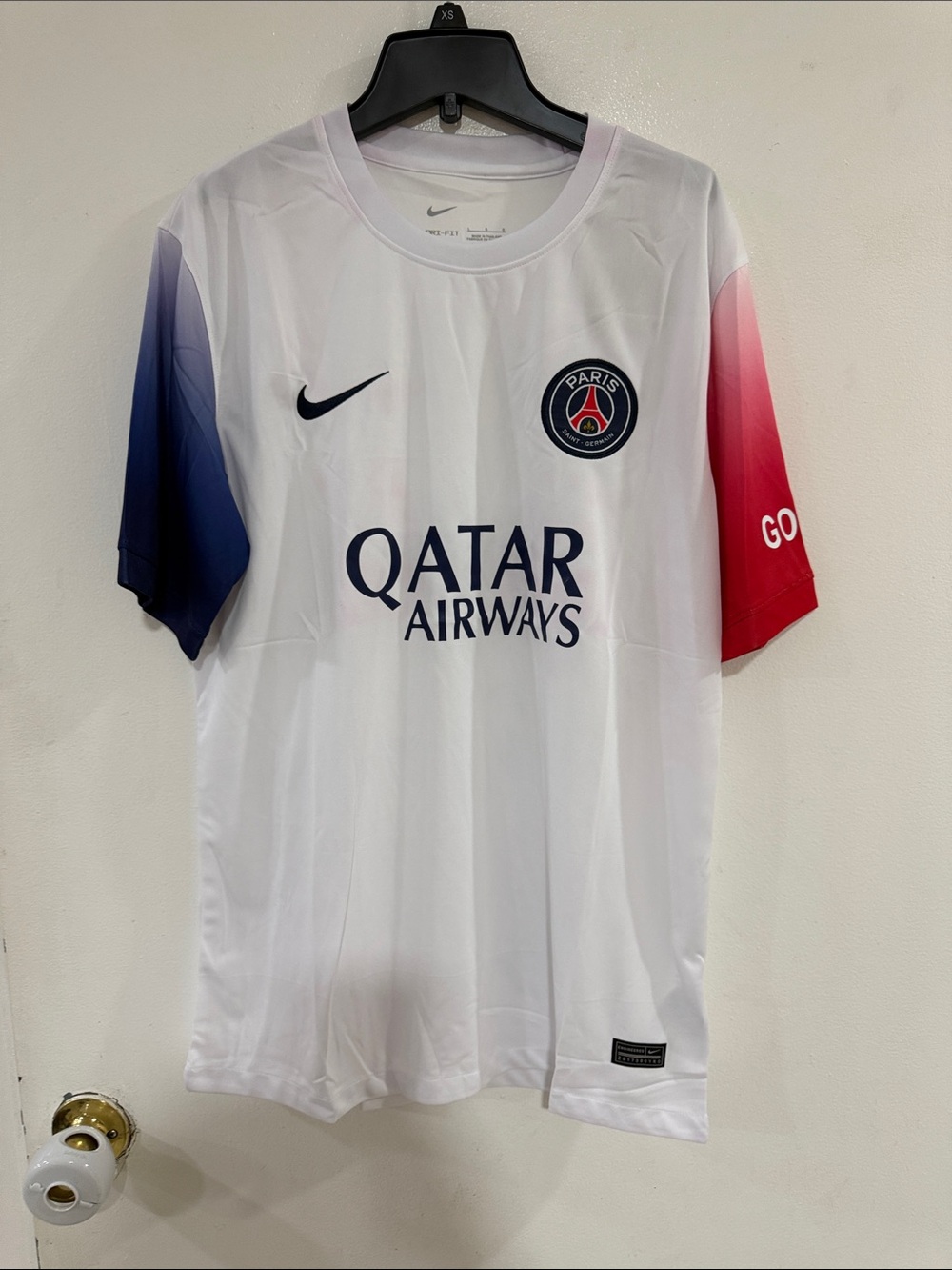 Nike White PSG Football Jersey with Blue and Red Gradient Sleeves
